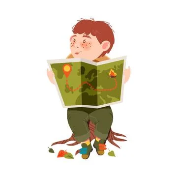 Cute Boy as Junior Scout Sitting on Stub and Examining Map Vector Illustration Stock Illustration