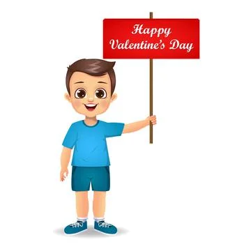 Cute boy kid holding happy valentines day banner vector Stock Illustration
