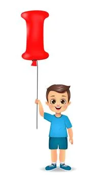 Cute boy kid holding I shaped balloon vector Stock Illustration