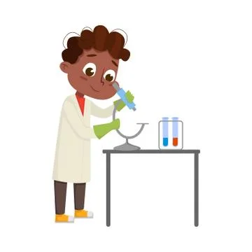 Cute Boy in Laboratory Coat Examining Molecular Structure Through Microscope Stockillustratie