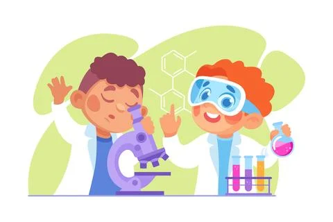 Cute Boy at Laboratory with Flask and Microscope Conduct Experiment Vector Stock Illustration