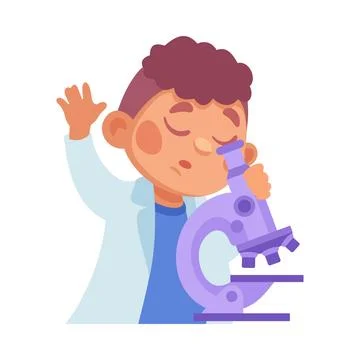 Cute Boy at Laboratory with Microscope Conduct Experiment Vector Illustration Illustrazione stock