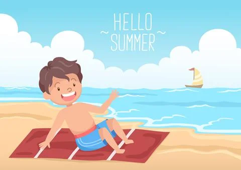 Cute boy laying on the beach hello summer Stock Illustration