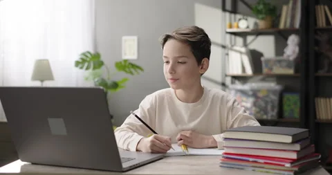 Cute boy learning online at virtual lesson class, talking with teacher or tutor Stock Footage 266689791