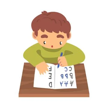 Cute Boy Learning to Write, Elementary School Student Making Homework Cartoon Stock Illustration