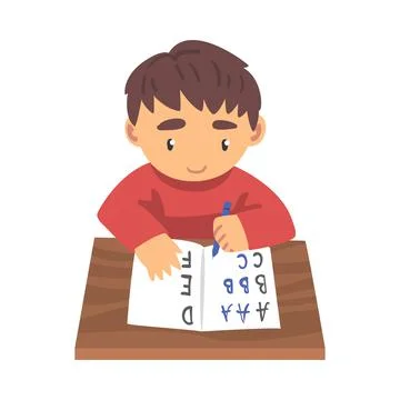Cute Boy Learning to Write, Elementary School Student in Casual Uniform Making Stock Illustration