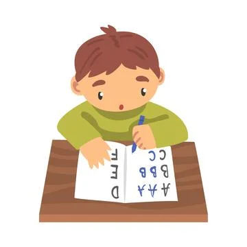 Cute Boy Learning to Write, Elementary School Student Sitting at his Desk and Stock Illustration