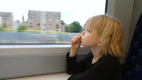 Cute boy looking out of the train window. Stock Footage 113230795