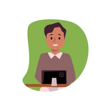 Cute boy looking at the smartphone or tablet, vector child using gadgets, online Stock Illustration