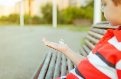 Cute boy looking soap bubble in his open hand Stock Photos