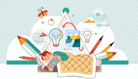 Cute boy lying in bed and watching phone. Child using smartphone playing Illustrazione stock