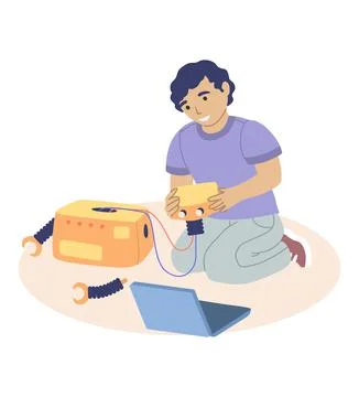Cute boy making robot, studying robotics, flat vector illustration. Kids Stock Illustration