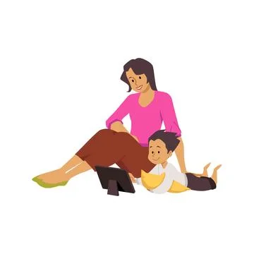 Cute boy with mother looking at tablet device, vector family using gadget Illustrazione stock
