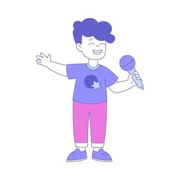 Cute Boy at Music Lesson Singing with Microphone Vector Illustration Stock Illustration