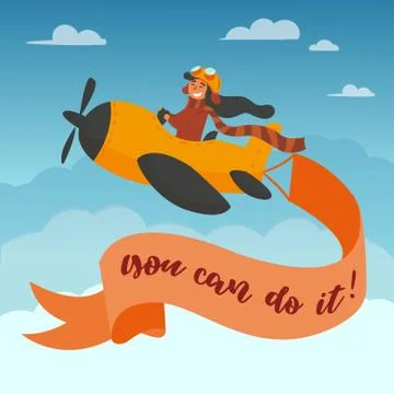 Cute boy pilot flies on a yellow plane in the sky. Air adventure. Isolated Stock Illustration