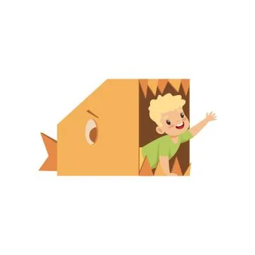 Cute boy playing inside a toothy fish made of cardboard boxes vector 스톡 일러스트