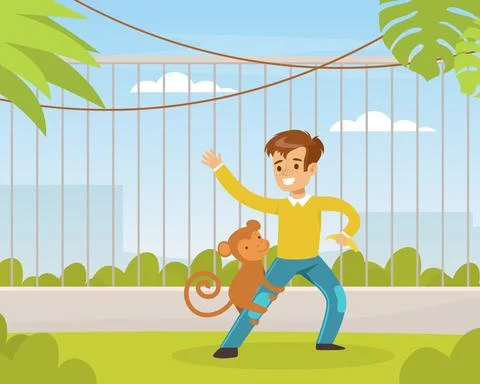 Cute Boy Playing with Monkey on Green Lawn, Kid Interacting with Animal in Stock Illustration
