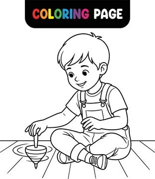 Cute Boy Playing with a Spinning Top Coloring Page. Stock-Illustration