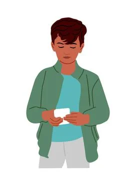 Cute boy playing video game on smart phone. Stock Illustration