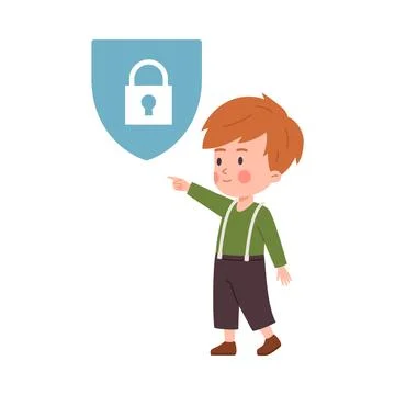 Cute boy point finger up, web icon of lock, cartoon vector on white Stock Illustration