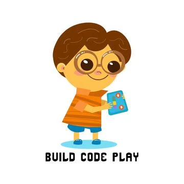 Cute boy is programming. Laptop robotics for kids, cartoon character. Vector Illustrazione stock