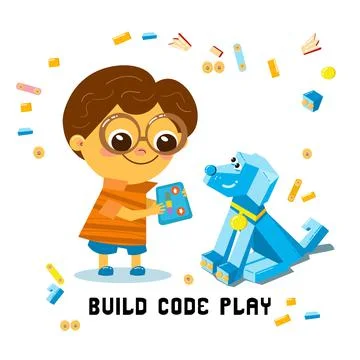 Cute boy is programming. Robot dog is sitting. Robotics for kids, cartoon 스톡 일러스트