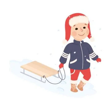 Cute Boy Pulling Sleigh Walking and Enjoying Winter Holiday Vector Illustration Stock Illustration