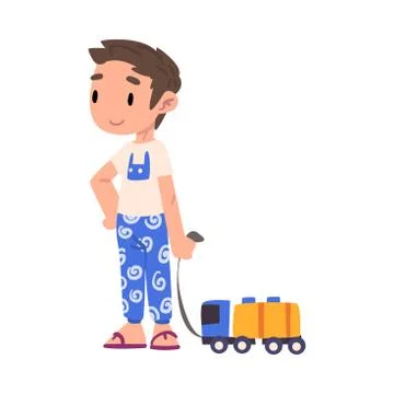 Cute Boy Pulling Toy Car on String, Adorable Kid Playing with Favorite Toy Stock Illustration