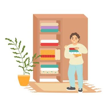 Cute boy putting folded clothes in wardrobe, cleaning house, flat vector Stock Illustration