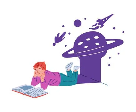 Cute boy reading a book about space and planets, vector cartoon child imagines 库存插图