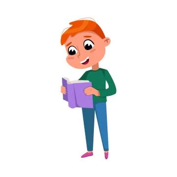 Cute Boy Reading Book while Standing, Preschooler Kid or Elementary School Stock Illustration