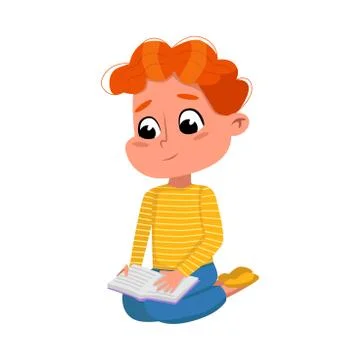 Cute Boy Reading Book while Sitting on Ffloor, Preschooler Kid or Elementary Stock Illustration