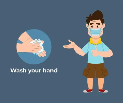 Cute boy recommends preventing virus by washing your hands with hand sanitize Stock Illustration