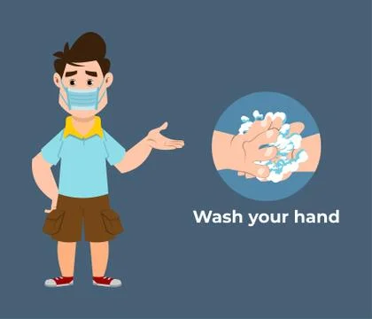 Cute boy recommends preventing virus by washing your hands. Cute kid flat sty Stock Illustration