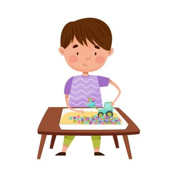 Cute Boy with Red Cheeks Standing at Table and Playing with Tractor and Sand Stock Illustration