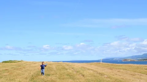 A cute boy runs toward the camera with a kite along the ocean coast Stock Footage 122407545