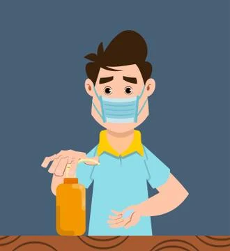 Cute boy sanitizing hands with gel. Cute kid flat style character for design, Stock Illustration