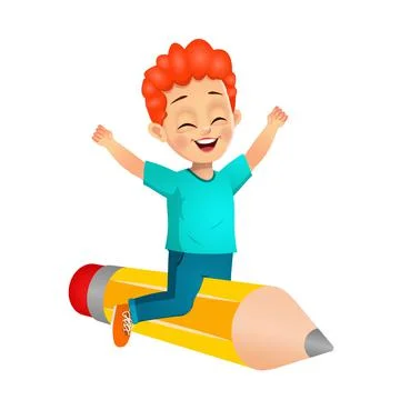 Cute boy sat on pencil vector Stock Illustration