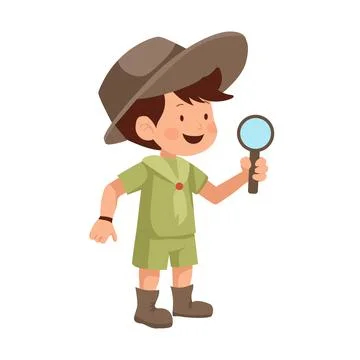 Cute boy scout in flat design. Teenager in uniform with magnifier at camping. Stock Illustration