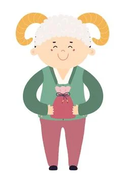 Cute boy in sheep hat, holding Korean gift character illustration. Stock Illustration