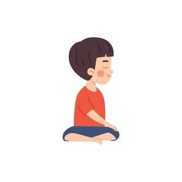 Cute boy sitting cross-legged in yoga pose, turned to the side and closed eyes Stock Illustration