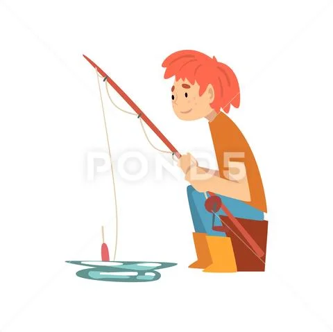 Cute Boy Sitting in Shore with Fishing Rod, Little Fisherman Cartoon  Character ~ Clip Art #109536383