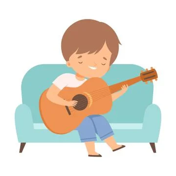Cute Boy Sitting on Sofa and Playing Guitar, Kids Hobby or Creative Activity Stock Illustration