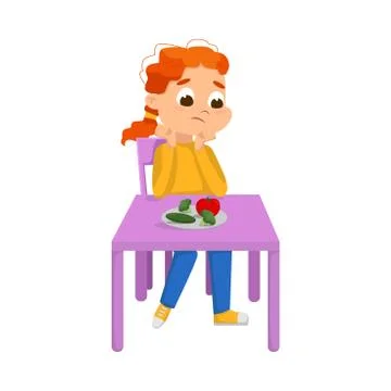Cute Boy Sitting at Table and Eating Vegetables, Child Refusing to Eat Healthy Stock Illustration