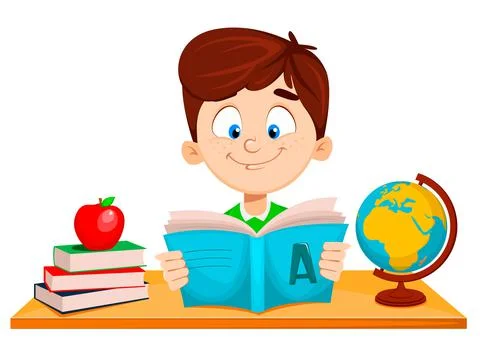 Cute boy sitting at the table and reading ABC book Stock Illustration