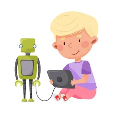 Cute Boy Sitting with Tablet PC and Configurating Robot Vector Illustration 库存插图