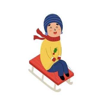 Cute boy sledding isolated element. Kid enjoying the winter funny print Stock Illustration