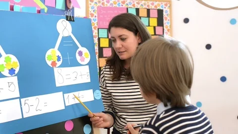 Cute boy solving graphic math exercises at kindergarten 動画素材 95564772