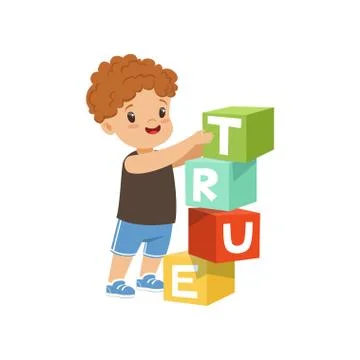 Cute boy stacking up cube tower forming a True word vector Illustration on a Stock Illustration