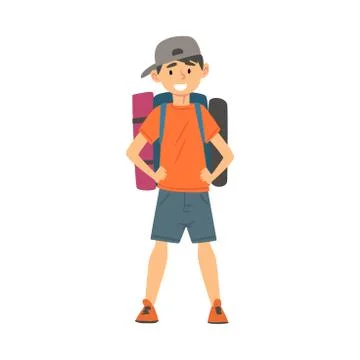 Cute Boy Standing with Backpack, Kid Travelling on Vacation Vector Illustration Stock Illustration